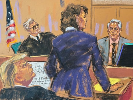  drawing of four people in a courtroom