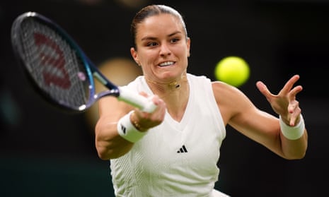 Maria Sakkari fires off a forehand return to Emma Raducanu during their Wimbledon 2024 third round match.