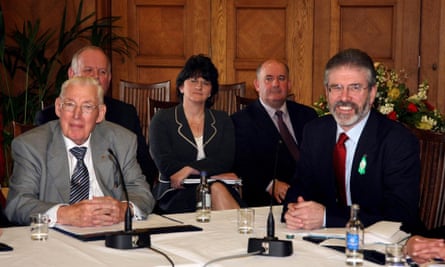Ian Paisley and Gerry Adams around a triangular table as the Northern Ireland deal is announced in March 2007.