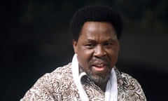 FILES-NIGERIA-RELIGION-DEATH<br>(FILES) In this file photo taken on January 01, 2015 Nigerian pastor TB Joshua speaks during a New Year's memorial service for the South African relatives of those killed in a building collapse at his Lagos megachurch on December 31, 2014. - TB Joshua, 57, one of Africa's most influential preachers with millions of television and social media followers and who founded The Synagogue Church of All Nations, a Christian megachurch in Lagos, has died from an undisclosed cause, his church said on June 6, 2021 on Facebook. (Photo by Pius Utomi EKPEI / AFP) (Photo by PIUS UTOMI EKPEI/AFP via Getty Images)