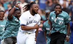 Vladimir Guerrero Jr of the Toronto Blue Jays celebrates after winning the All-Star Home Run Derby on Monday night.