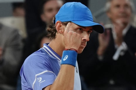 Alex De Minaur gestures during his men's singles quarter final match against Germany's Alexander Zverev.