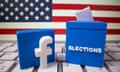 FILE PHOTO: A 3D-printed elections box and Facebook logo are placed on a keyboard in front of U.S. flag in this illustration taken October 6, 2020. REUTERS/Dado Ruvic/Illustration/File Photo