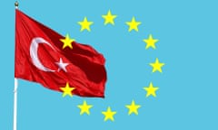 Turkish flag overlaying the European Union flag’s stars