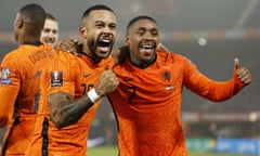 Memphis Depay and Steven Bergwijn celebrate after Depay’s goal put the Netherlands 2-0 ahead against Norway