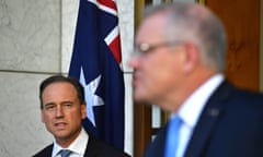 Minister for Health Greg Hunt (L) and Australian Prime Minister Scott Morrison (R) speak to the media during a press conference regarding coronavirus, in Canberra, Australia, 15 May 2020.