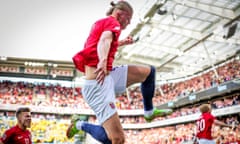 Erling Haaland celebrates after opening the scoring for Norway against Sweden