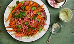 Yotam Ottolenghi's grilled carrots with red onion pickle and coriander yogurt