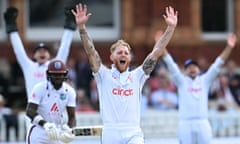 TOPSHOT-CRICKET-ENG-WIS<br>TOPSHOT - England's captain Ben Stokes (C) makes a succesful appeal for a leg before wicket (LBW) decision against West Indies Kirk McKenzie during play on the second day of the first Test cricket match between England and West Indies at Lord's Cricket Ground in London on July 11, 2024. (Photo by Paul ELLIS / AFP) (Photo by PAUL ELLIS/AFP via Getty Images)