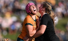 The Wallaroos’ Piper Duck and Black Ferns’ Alana Bremner collide at Ballymore in Brisbane