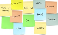 Post it notes on white wall, list of things to do when writing your will.