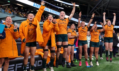 The Wallaroos celebrate their first victory under coach Jo Yapp, a 64-5 triumph over Fiji in Sydney.