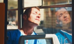 Public transport<br>Everyday life and commuting to work by public transportation. Handsome young man is traveling by tram (bus).