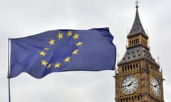 An EU flag flying in front of the Houses of Parliament.