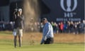 Colin Montgomerie plays his first bunker shot at Troon’s first hole – the ball dropped back into his footmarks. 