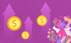 Illustration of the concept round up savings: small gold coins in front of up arrows