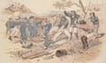 An of-the-era white interpretation of what happened at the Burrangong goldfields, Might versus Right by Samuel Thomas Gill, c.1862-1863