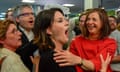 The Green party’s Sven Giegold, Annalena Baerbock and Katrin Göring-Eckardt celebrate during election evening on 26 May 2019.