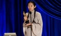 93rd Annual Academy Awards - Show<br>LOS ANGELES, CALIFORNIA – APRIL 25: (EDITORIAL USE ONLY) In this handout photo provided by A.M.P.A.S., Chloé Zhao accepts the Directing award for ‘Nomadland’ onstage during the 93rd Annual Academy Awards at Union Station on April 25, 2021 in Los Angeles, California. (Photo by Todd Wawrychuk/A.M.P.A.S. via Getty Images)