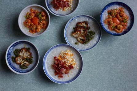 When it comes to congee toppings, there are no rules: a Chinese congee recipe served three ways by Ana Gonçalves and Zijun Meng.