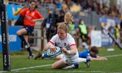 Lydia Thompson scores England’s second try of 12 in their rout of Italy in Parma.