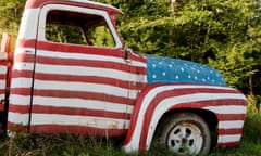 A truck painted with the US flag on a roadside in New Hampshire, USA.