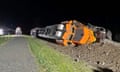 This photo provided by the Washington Department of Ecology shows a derailed BNSF train on the Swinomish tribal reservation near Anacortes, Wash. on March 16, 2023. A federal judge on Monday, June 17, 2024 ordered BNSF Railway to pay nearly $400 million to a Native American tribe in Washington state after finding that the company intentionally trespassed when it repeatedly ran 100-car trains carrying crude oil across its reservation. (Washington Department of Ecology via AP)