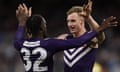 Josh Treacy of the Dockers celebrates a goal during the AFL match against Richmond