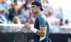 Jack Draper of Great Britain celebrates winning a point during his men's singles semi final match against Maxime Cressy on day seven of the Rothesay International Eastbourne.