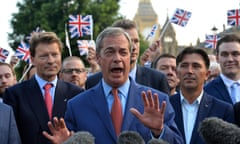 BRITAIN-EU-VOTE-BREXIT<br>Leader of the United Kingdom Independence Party (UKIP), Nigel Farage speaks during a press conference near the Houses of Parliament in central London on June 24, 2016. Britain has voted to leave the European Union by 51.9 percent to 48.1 percent, final results from all 382 of Britain's local counting centres showed on Friday. / AFP / GLYN KIRK (Photo credit should read GLYN KIRK/AFP/Getty Images)