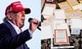 Donald Trump campaigns in Doral, Florida, on 9 July 2024. An evidence photo shows classified documents in Donald Trump's Mar-a-Lago estate in Florida.