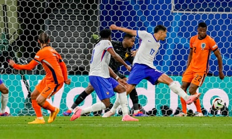 Xavi Simons (left) puts the ball in the net but Denzel Dumfries (right) is adjudged to be offside and interfering with play.