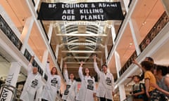 Climate activists demonstrate inside the Science Museum against sponsorship by Equinor, BP and Adani