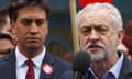 Miliband listens as the Labour leader, Jeremy Corybn, speaks about the merits of Britain remaining in the EU.