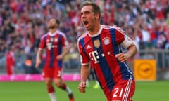 FC Bayern Muenchen v SV Werder Bremen - Bundesliga<br>MUNICH, GERMANY - OCTOBER 18:  Philipp Lahm of Bayern Muenchen celebrates scoring the opening goal during the Bundesliga match between FC Bayern Muenchen and SV Werder Bremen at Allianz Arena on October 18, 2014 in Munich, Germany.   (Photo by Alexander Hassenstein/Bongarts/Getty Images)