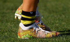 Boots with an Indigenous design during the AFLW’s Indigenous round match between Richmond and Geelong at the Swinburne Centre.