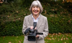 05/12/2023, Melton Park, , Melton, Suffolk Frances Harper, 76, who has been making documentaries since turning 60 and continues to do so, poses with one of her first tape video cameras at her home. Joshua Bright for The Guardian