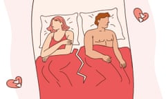 Illustration by Observer Design/Freepik of a couple turned away from each other in bed with the crack of a broken heart down the middle