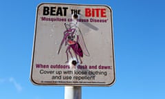 A sign warns of the dangers on Mosquito bites near Geraldton, Western Australia, Australia.
