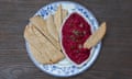 Jack Monroe's beetroot hummus with homemade flatbread.