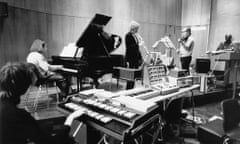 Robin Thompson on soprano saxophone, Roger Smalley on piano, Peter Britton on synthesizer and Tim Souster on viola at King’s College, Cambridge, in 1970.