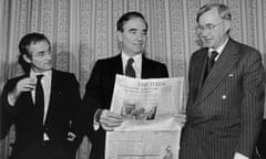 Rupert Murdoch in 1981, flanked by Harold Evans and William Rees Mogg
