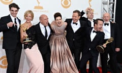 The cast of Breaking Bad celebrate after winning the 2013 Emmy award for oustanding drama series