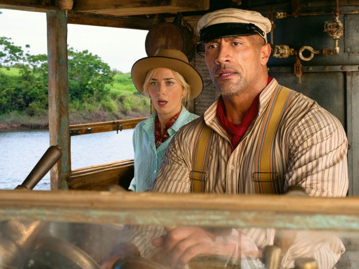 Emily Blunt and Dwayne Johnson in Jungle Cruise.