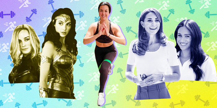 a cutout of the author working out surrounded by images of Brie Larson, Gal Gadot, Kate Middleton and Meghan Markle on top of a colorful gradient background with dumbbells and running icons