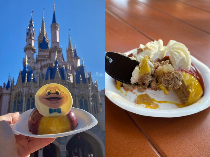 side by side shots of a hang holding the mr toad dome cake in front of the disney world castle and the cake being eaten off a plate