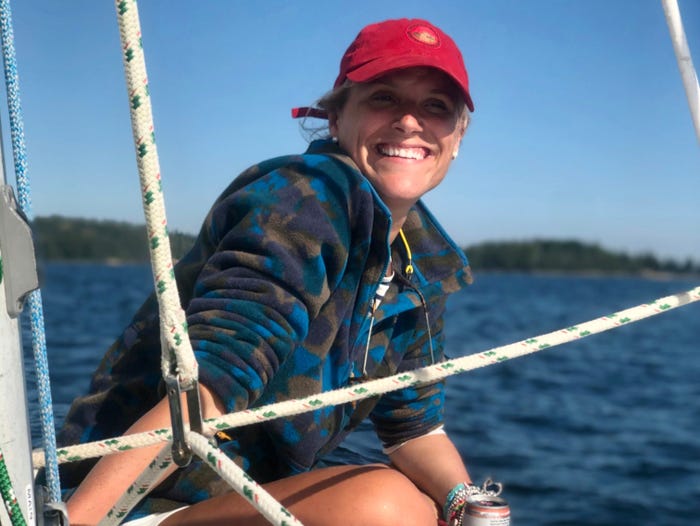 Katherine Parker-Magyar on a boat on Penobscot Bay