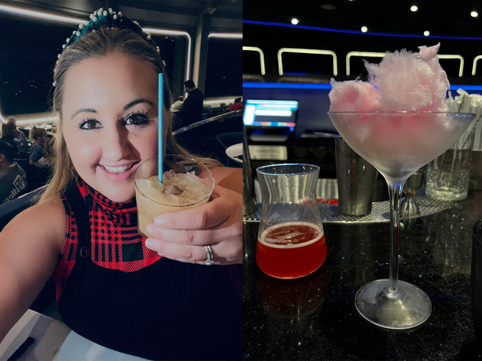 selfie of carly holding a drink at space 220 lounge next to a photo of another cocktail from the restaurant in epcot