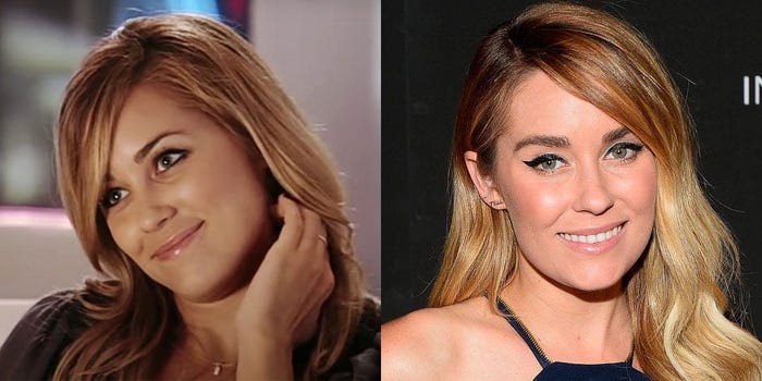 On the left, Lauren Conrad on the hills wearing black. On the right, Lauren at an event wearing a dress.