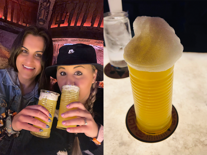 carly and friend at oga's cantina in disney world and a photos of the fuzzy cocktail from oga's